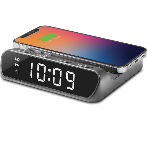 iHome Alarm Clock with Wireless Charger for iPhone Android & More Black - for Bedroom, Home Office, or Dorm IW14B