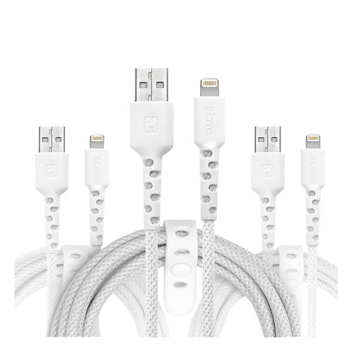 iHome TPE Durastrain Light-ning to USB-A Nylon Braided Charging Cable with Silicone Wrap, 3 pk 2IHLC2289W0L2