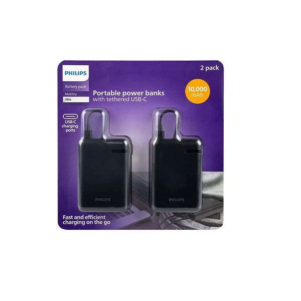 Philips Battery Pack, 1 USB-C, 15W, 1 Tethered USB-C Cable, 10000mAh, BLK 2 pack DLP3853B37