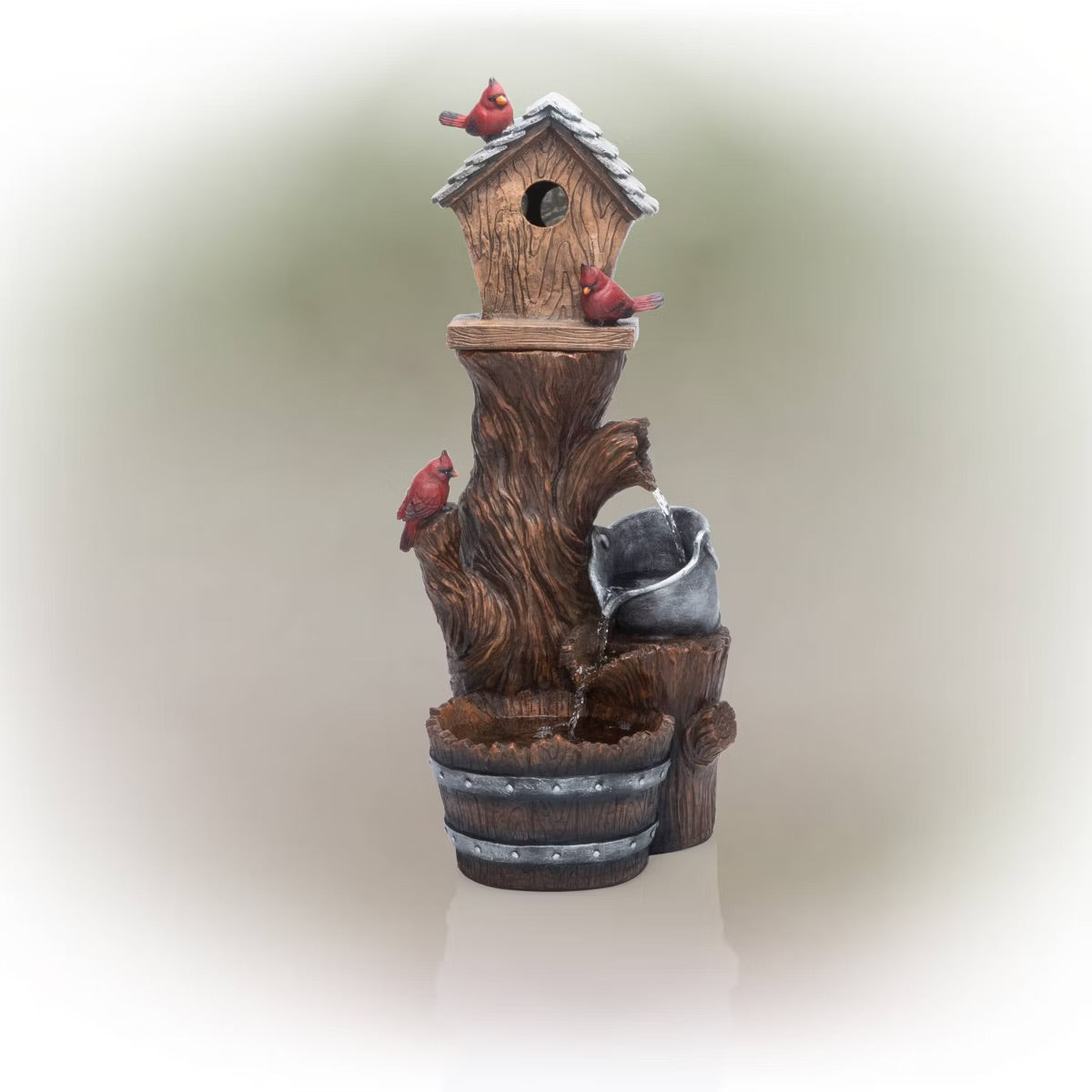 AC260122 32" Resin Cardinal Birdhouse Cascading Barrel Fountain Brown - Alpine Corporation: Electric Polyresin Garden Decor with 2 Basins