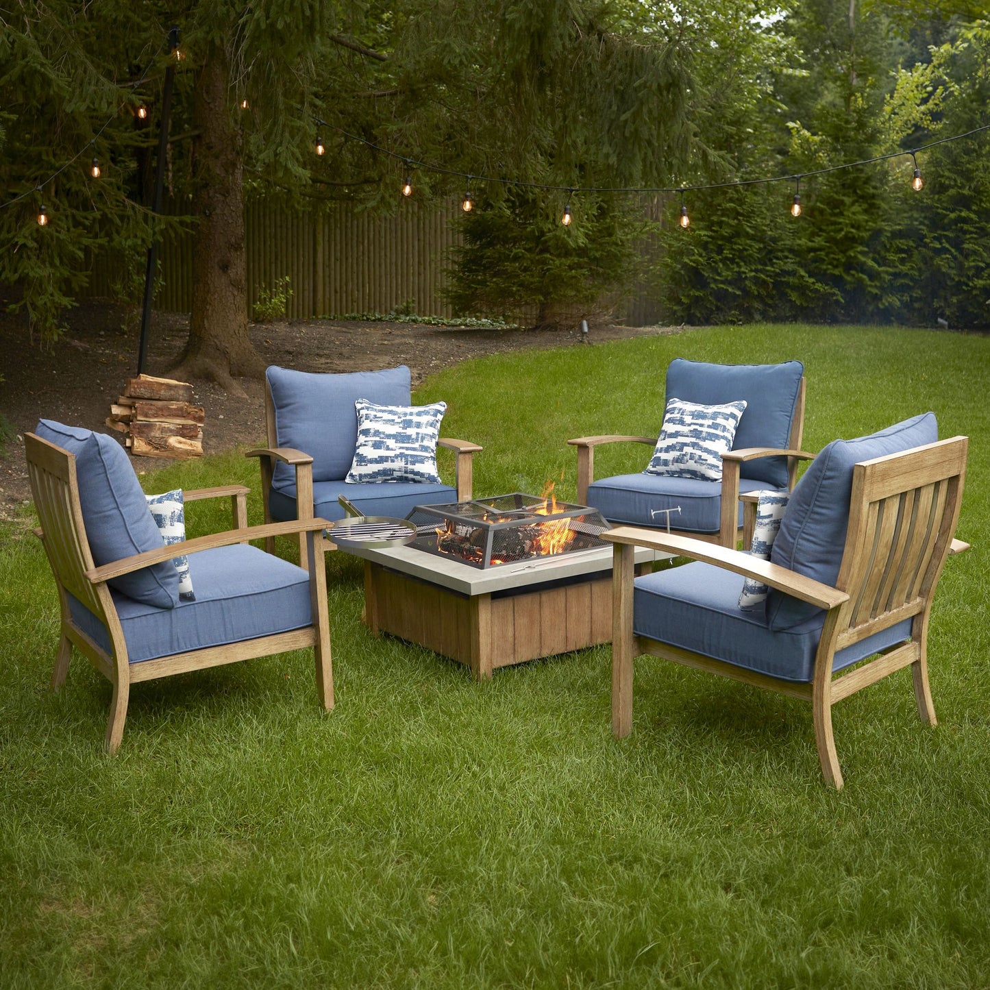 BJF250189 Berkley Jensen Crestwood 5-Pc. Outdoor Firepit Patio Chat Set - Blue