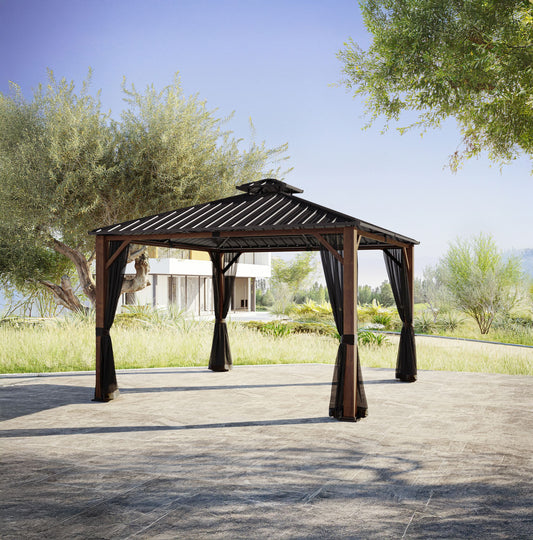 BJF250113 SunVilla Woodmont 12' x 12' Steel/Aluminum Hard Top Gazebo with Netting