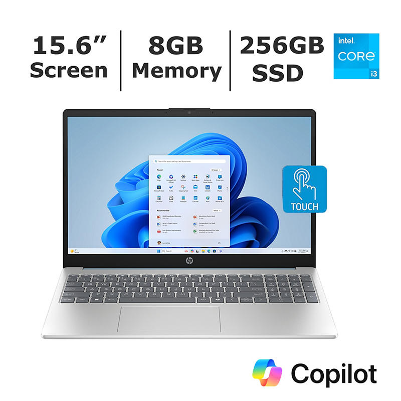HP 15.6" Touchscreen Laptop, Intel Core i3 Processor, 8GB Memory, 256GB SSD, Microsoft CoPilot B89P1UAABA-R