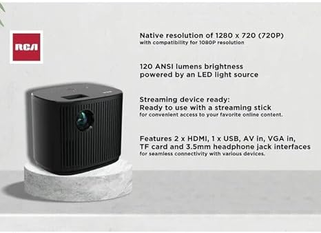 RCA 720P Home Theater Projector, 1280 x 720 (720P), 4" LCD technology, 120 ANSI lumens, 32" to 140" (diagonal), 2 x HDMI - RPJ181-BLACK