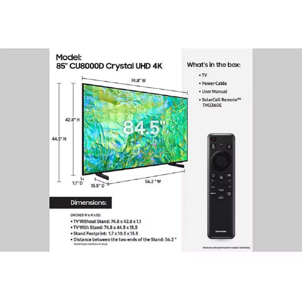 Samsung 85" Class CU8000-Series Crystal UHD 4K Smart TV with HDR UN85CU8000D