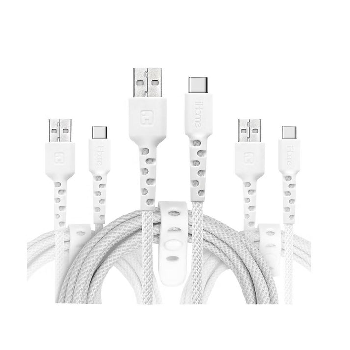 iHome TPE Durastrain USB-C to USB-A Nylon Braided Charging Cable with Silicone Wrap, 3 pk. 2IHCC2291W0L2