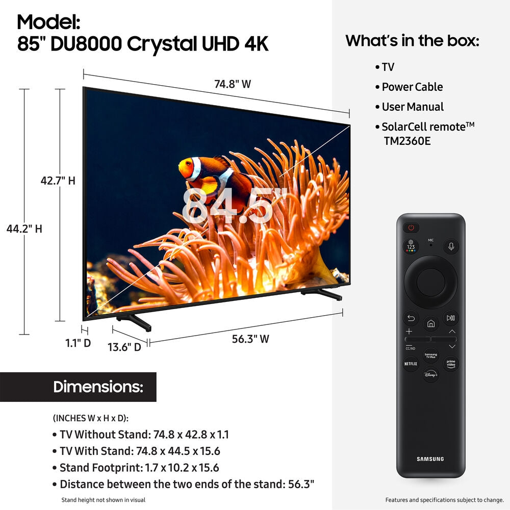 SAMSUNG 85" Class 4K Crystal UHD DU8000 Series HDR Smart TV UN85DU8000F