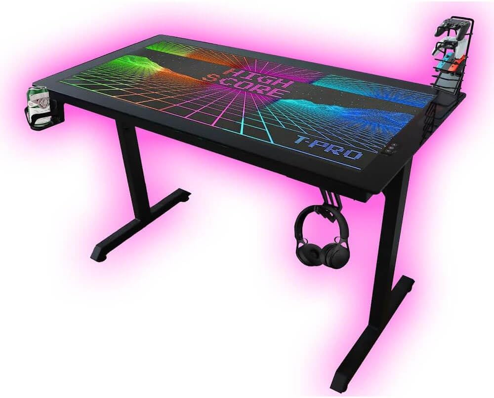 Technical Pro XGAMEDESK LED Gaming Desk with Glass Top and 80s Vintage Tron Style RGB Design XGAMEDESK-R