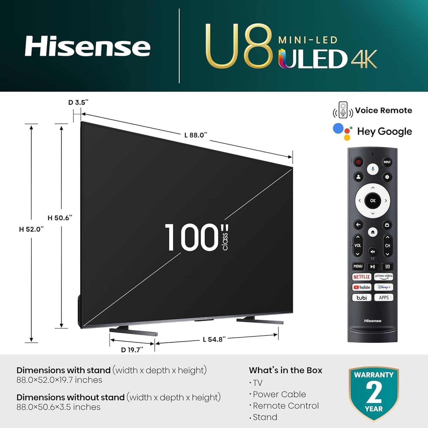 Hisense 100" U8 Series Mini-LED ULED 4K Google TV 100U8K