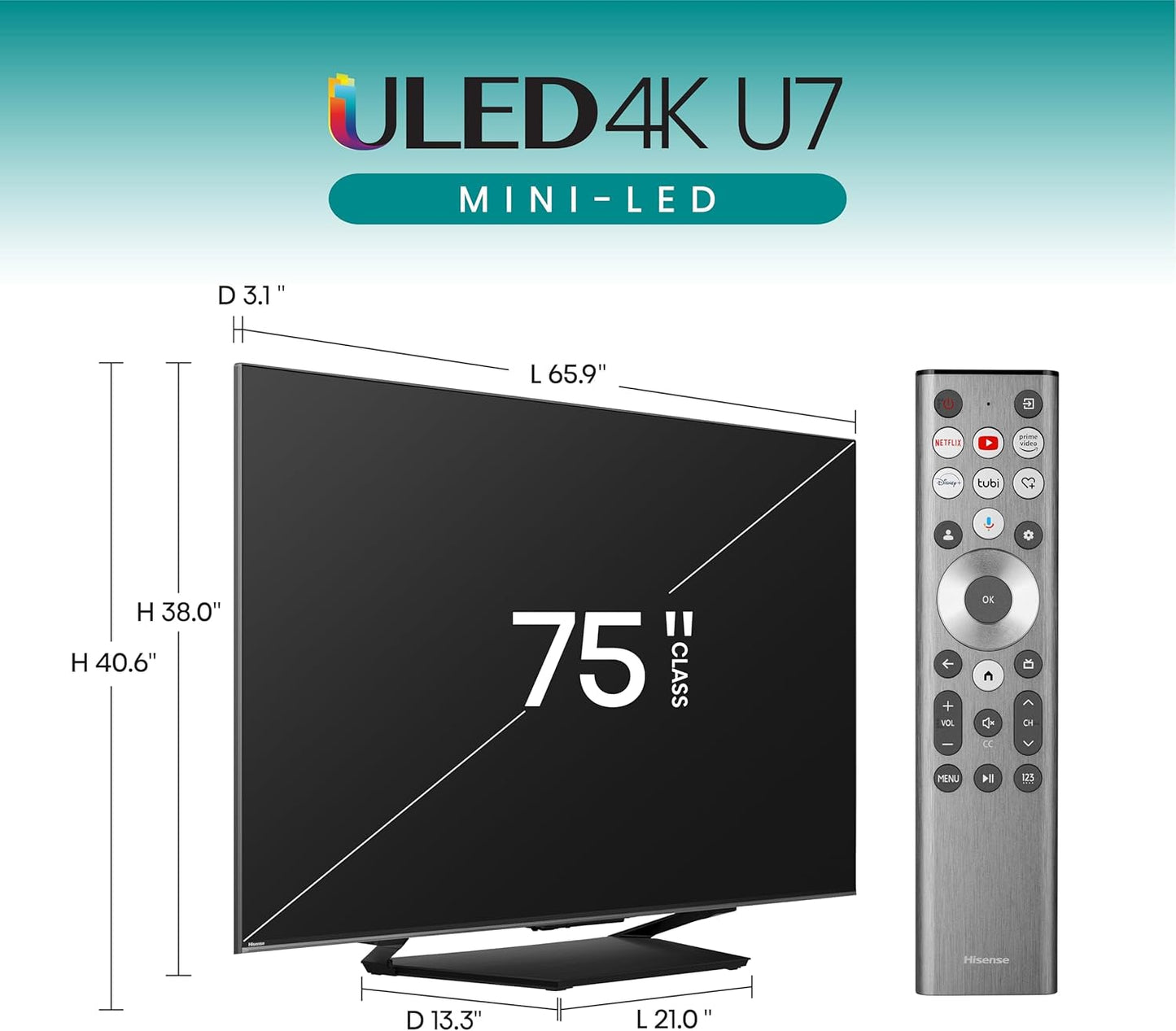 Hisense 75 U7 Series Mini-LED QLED 4K UHD Smart Google - 75U7N-RW