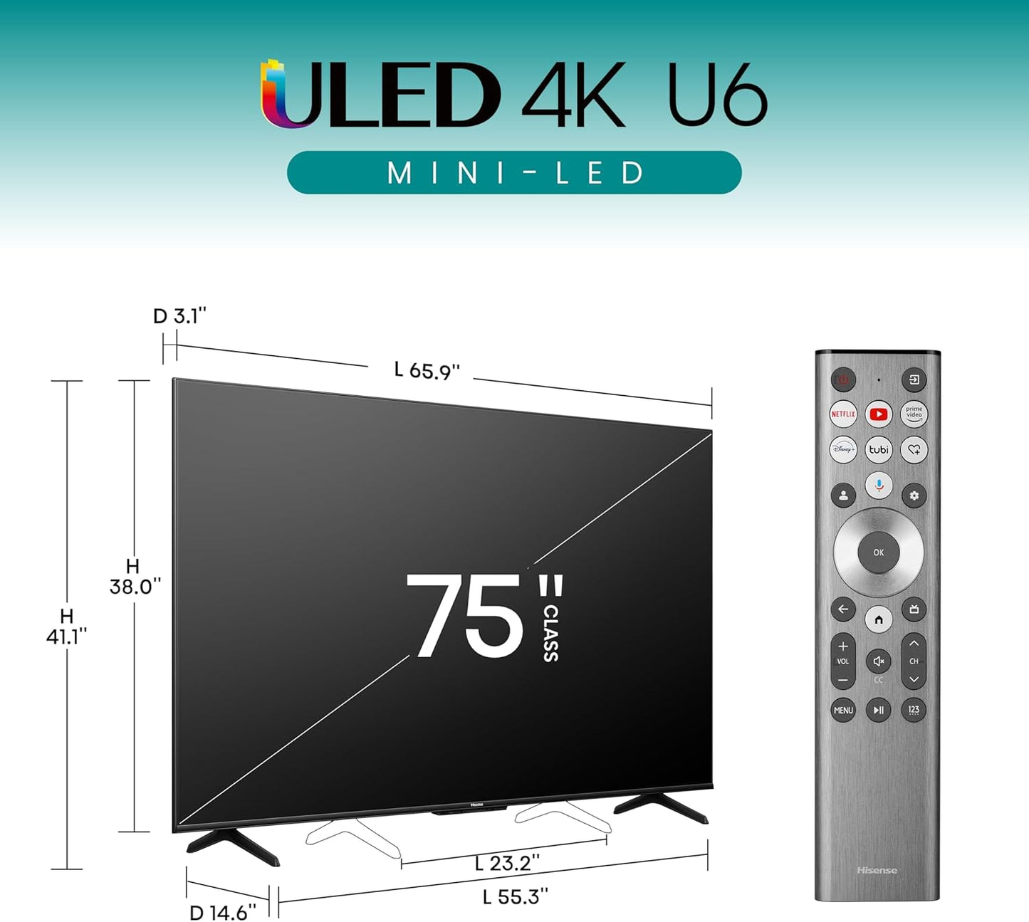 Hisense - 75" Class U6 Series Mini-LED 4K UHD QLED Smart Google TV 75U6N-CD