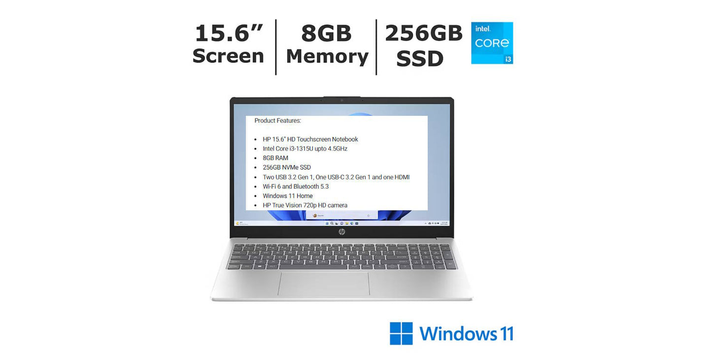 HP 15-fd0056nr 15.6" Touchscreen i3-1315U 1.20GHz 8GB 256GB Laptop Win11 Home 7H3A2UA#ABA-O