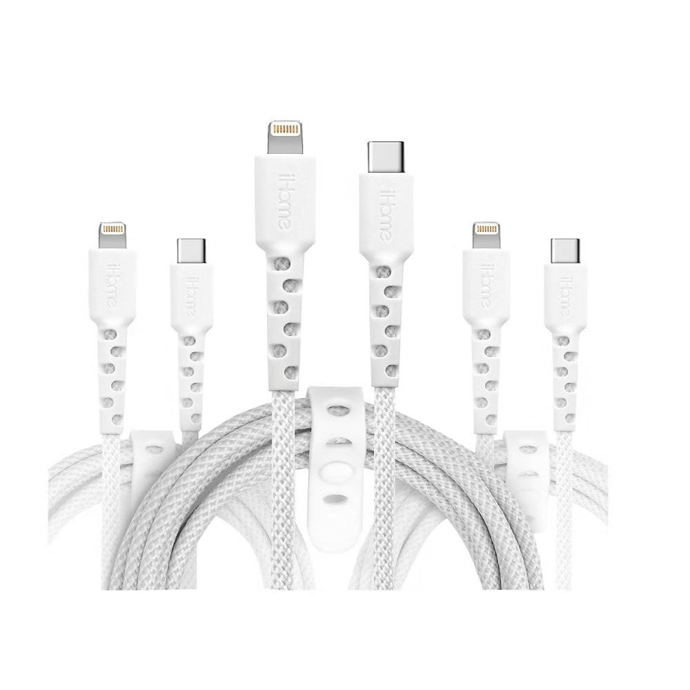 iHome TPE Durastrain Light-ning to USB-C Nylon Braided Charging Cable with Silicone Wrap, 3 pk. 2IHLC2290W0L2