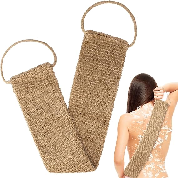 AC250847 Exfoliating Hemp Back Scrubber with Handles, Large Natural 23 Inch Double-Sided Exfoliator Body Scrub Towel, Washcloth Bath Tool for Use, Back Washer to Deep Clean Your Skin for Men & Women