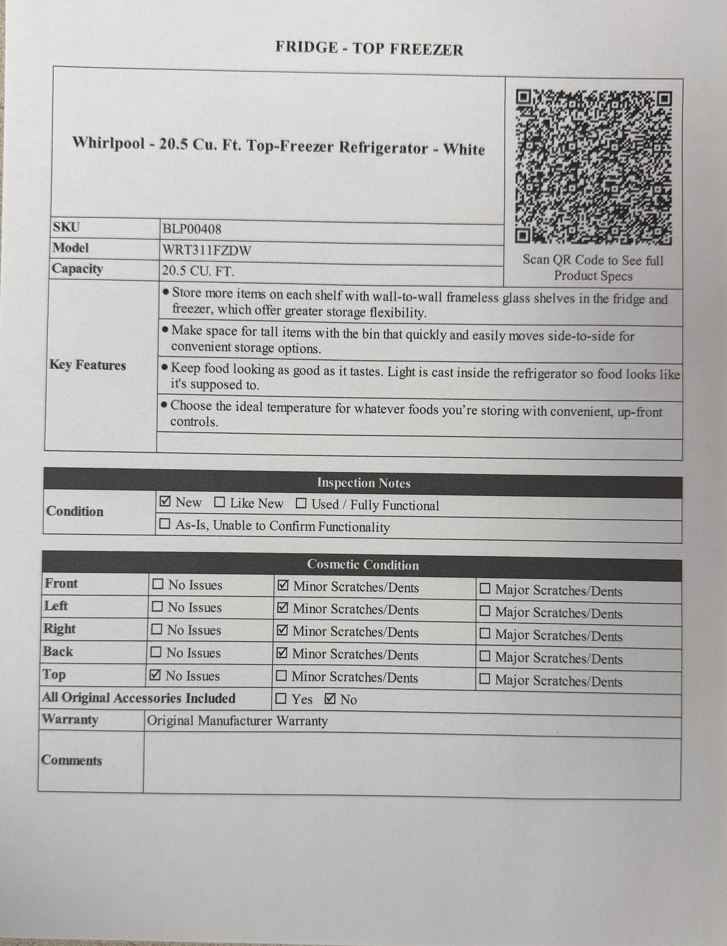 BLP00408 - Whirlpool - 20.5 Cu. Ft. Top-Freezer Refrigerator - White - DENTED