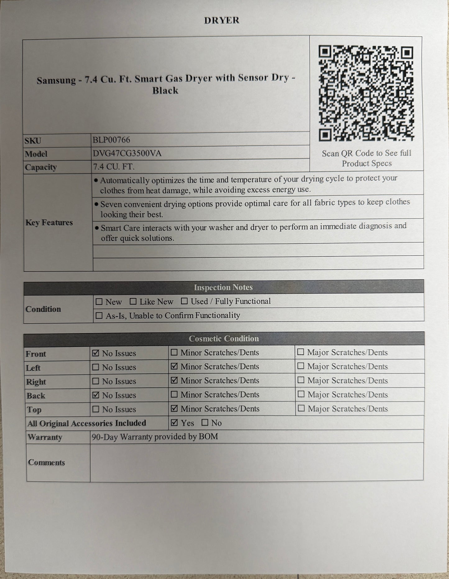 BLP00766 - Samsung - 7.4 Cu. Ft. Smart Gas Dryer with Sensor Dry - Black - DVG47CG3500VA