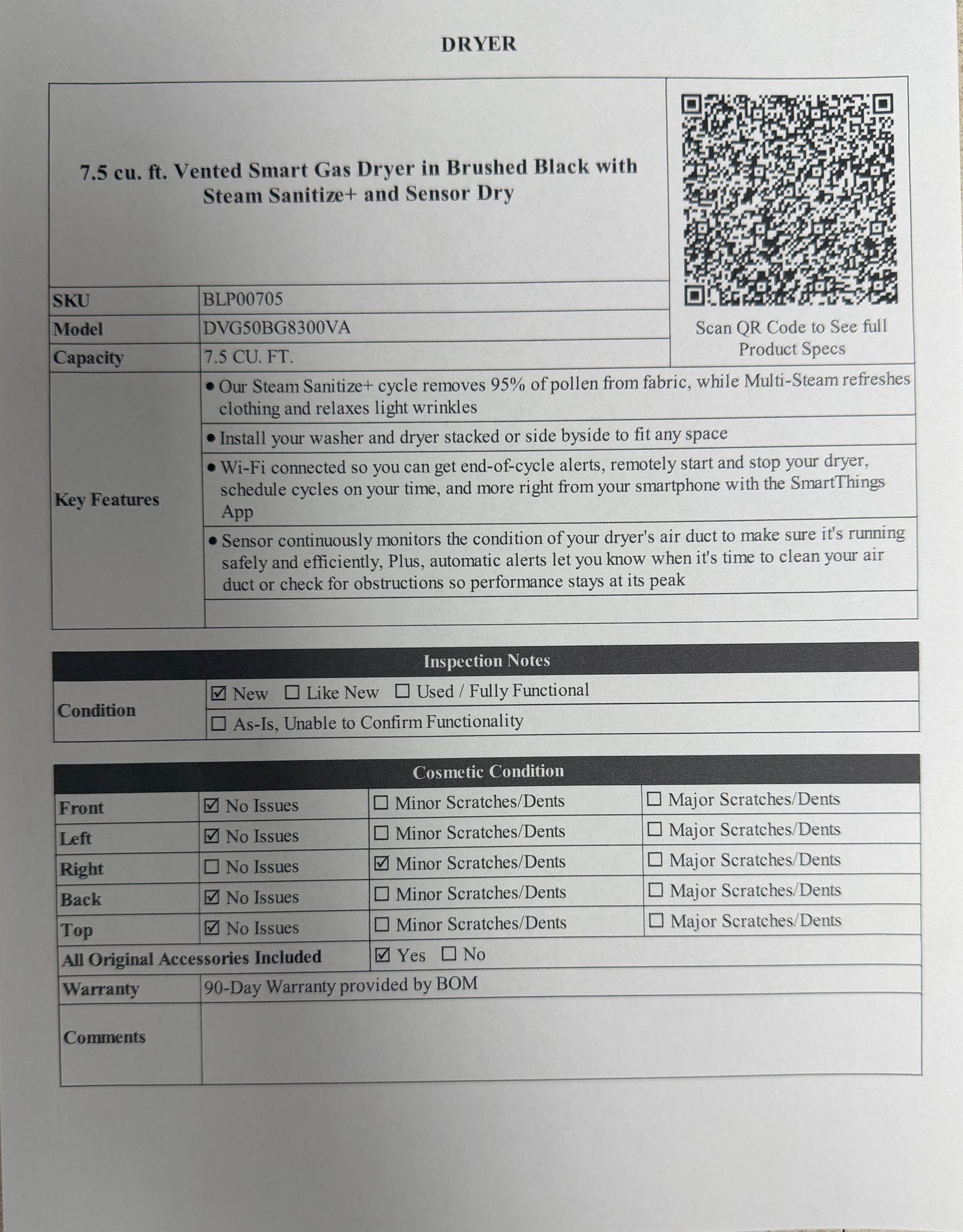 BLP00705 - Samsung 7.5 cu. ft. Vented Smart Gas Dryer in Brushed Black with Steam Sanitize+ and Sensor Dry - DVG50BG8300VA