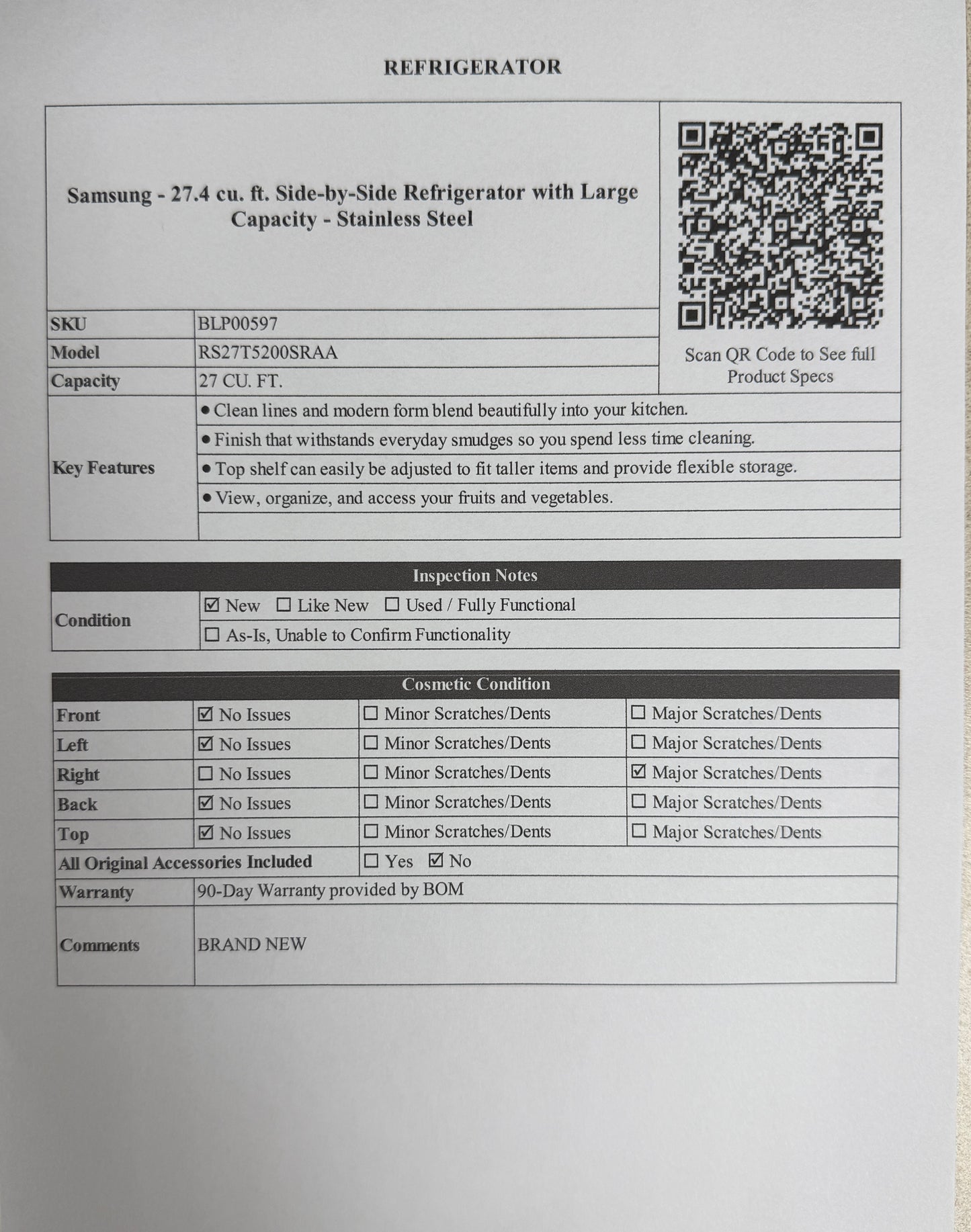 BLP00597 - Samsung - 27.4 cu. ft. Side-by-Side Refrigerator with Large Capacity - Stainless Steel - RS27T5200SRAA - Brand New