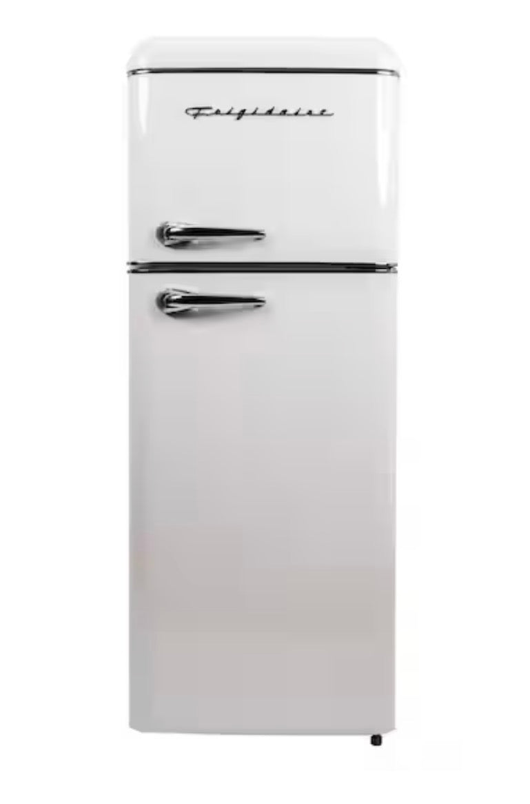 AC260407 Frigidaire 7.5 cu. ft. Mini Fridge in Cream with Rounded Corners and Top Freezer - EFR756 (major dents)