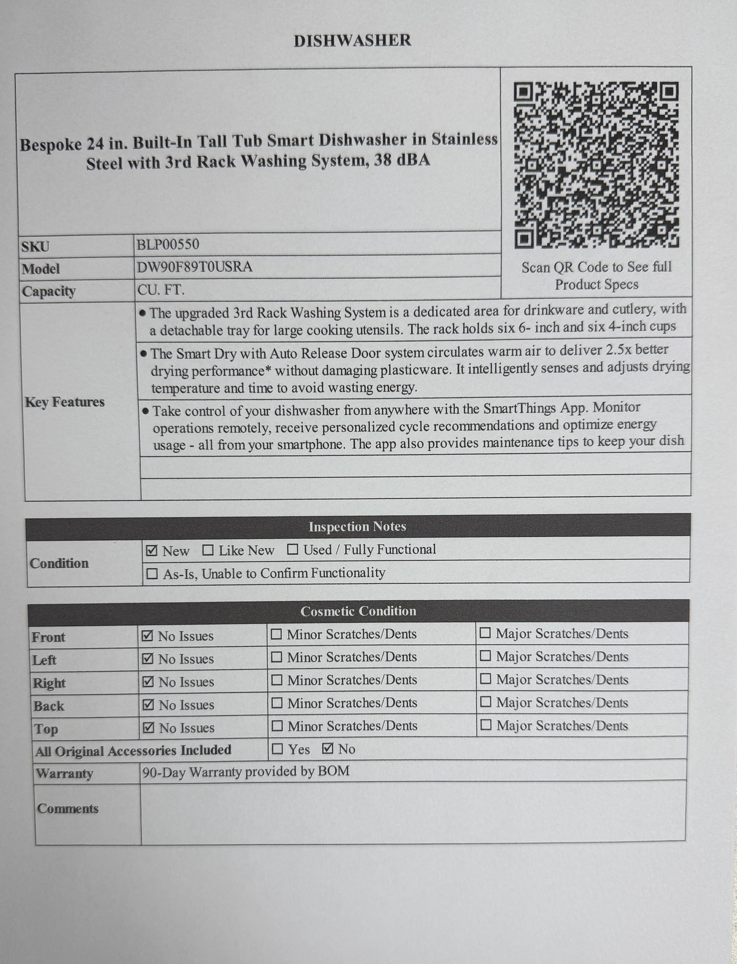 BLP00550 - Samsung Bespoke 24 in. Built-In Tall Tub Smart Dishwasher in Stainless Steel 38dBA - DW90F89T0USRA