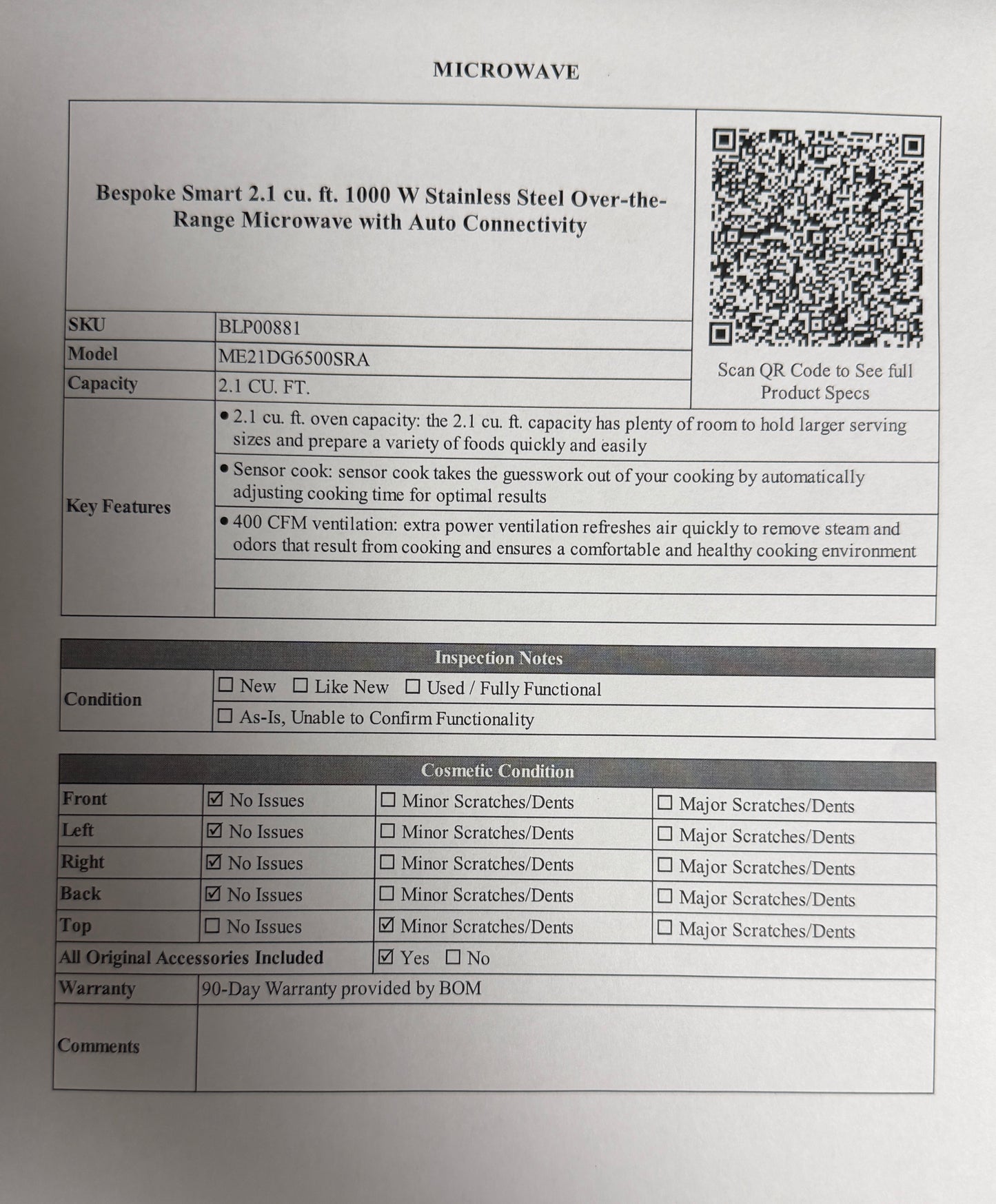 BLP00881 - Samsung Bespoke Smart 2.1 cu. ft. 1000 W Stainless Steel Over-the-Range Microwave with Auto Connectivity - ME21DG6500SRA