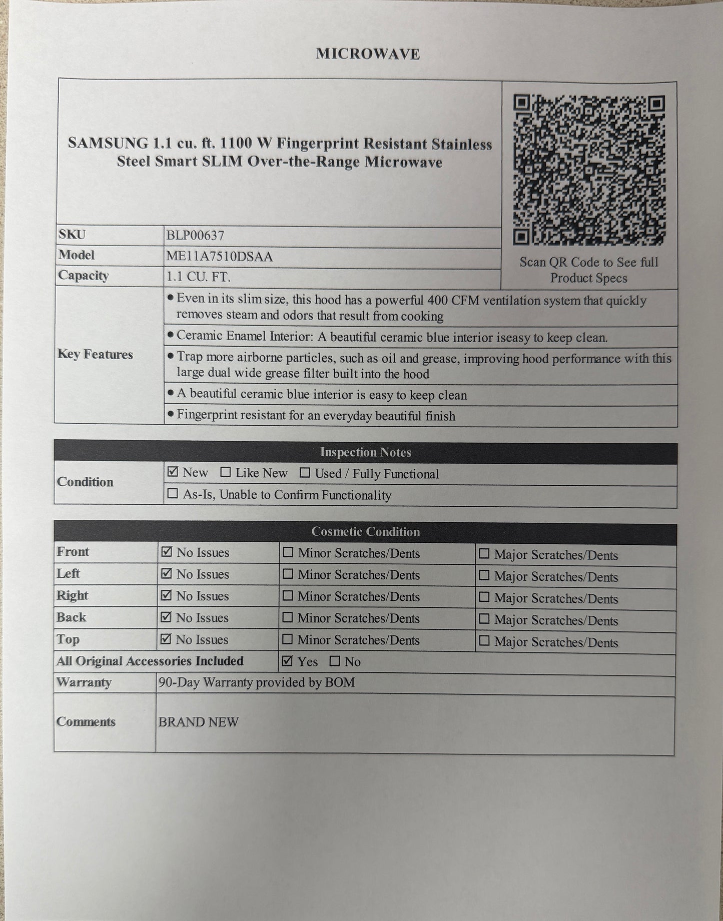 BLP00637 - SAMSUNG 1.1 cu. ft. 1100 W Fingerprint Resistant Stainless Steel Smart SLIM Over-the-Range Microwave - ME11A7510DSAA