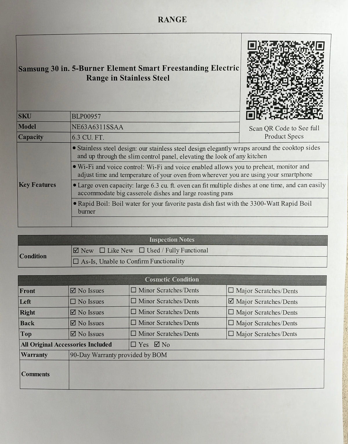 BLP00957 - Samsung 30 in. 5-Burner Element Smart Freestanding Electric Range in Stainless Steel - NE63A6311SSAA