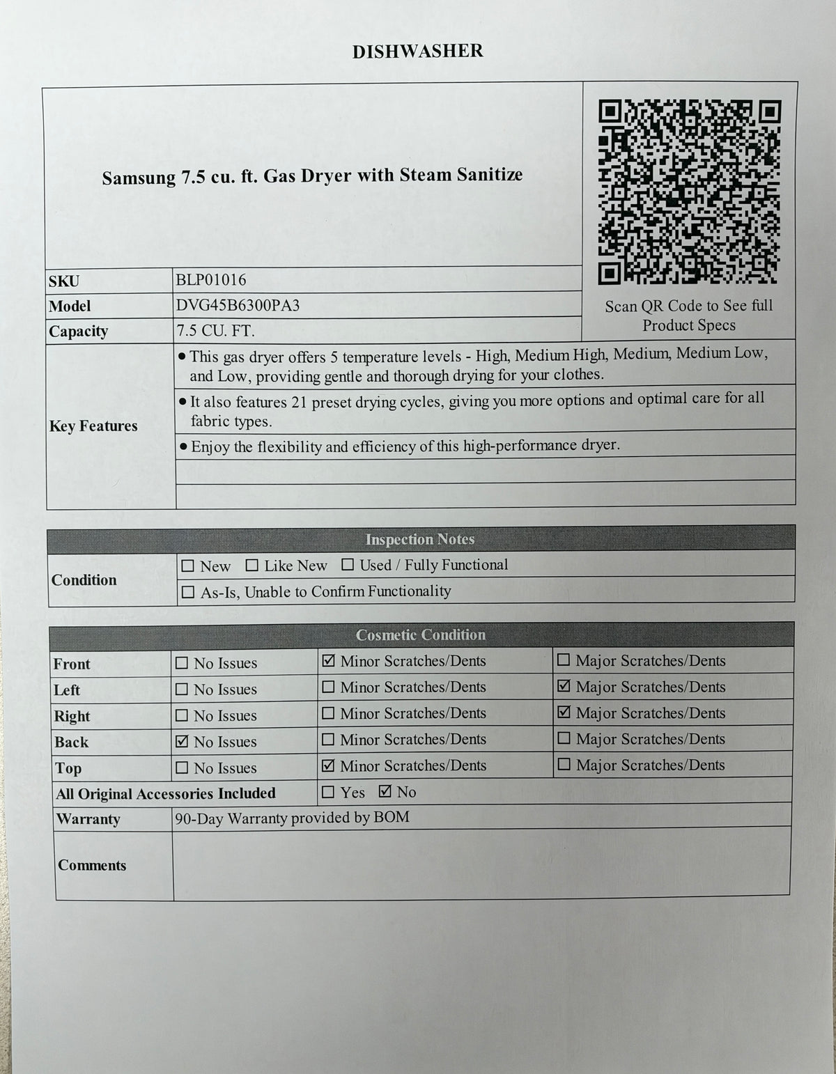 BLP01016 - Samsung 7.5 cu. ft. Gas Dryer with Steam Sanitize - DVG45B6300PA3