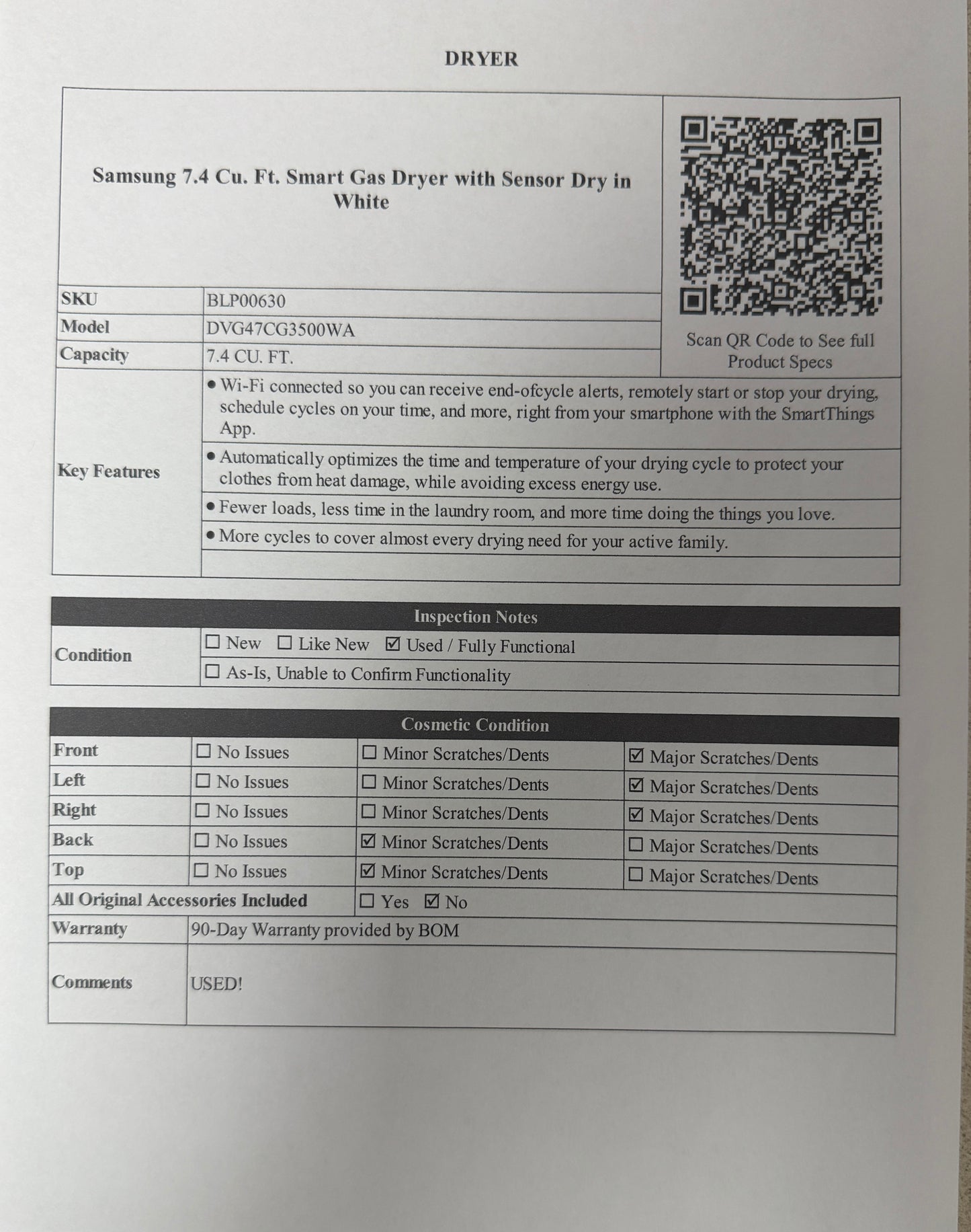 BLP00630 - Samsung 7.4 Cu. Ft. Smart Gas Dryer with Sensor Dry in White - DVG47CG3500WA