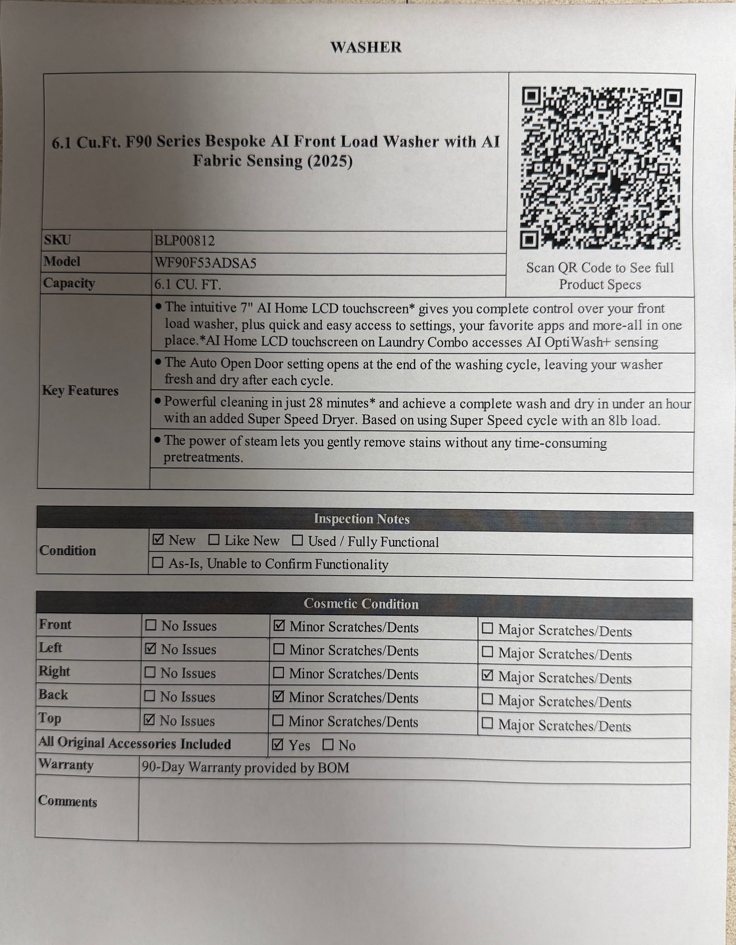 BLP00812 - Samsung 6.1 Cu.Ft. F90 Series Bespoke AI Front Load Washer with AI Fabric Sensing WF90F53ADSA5