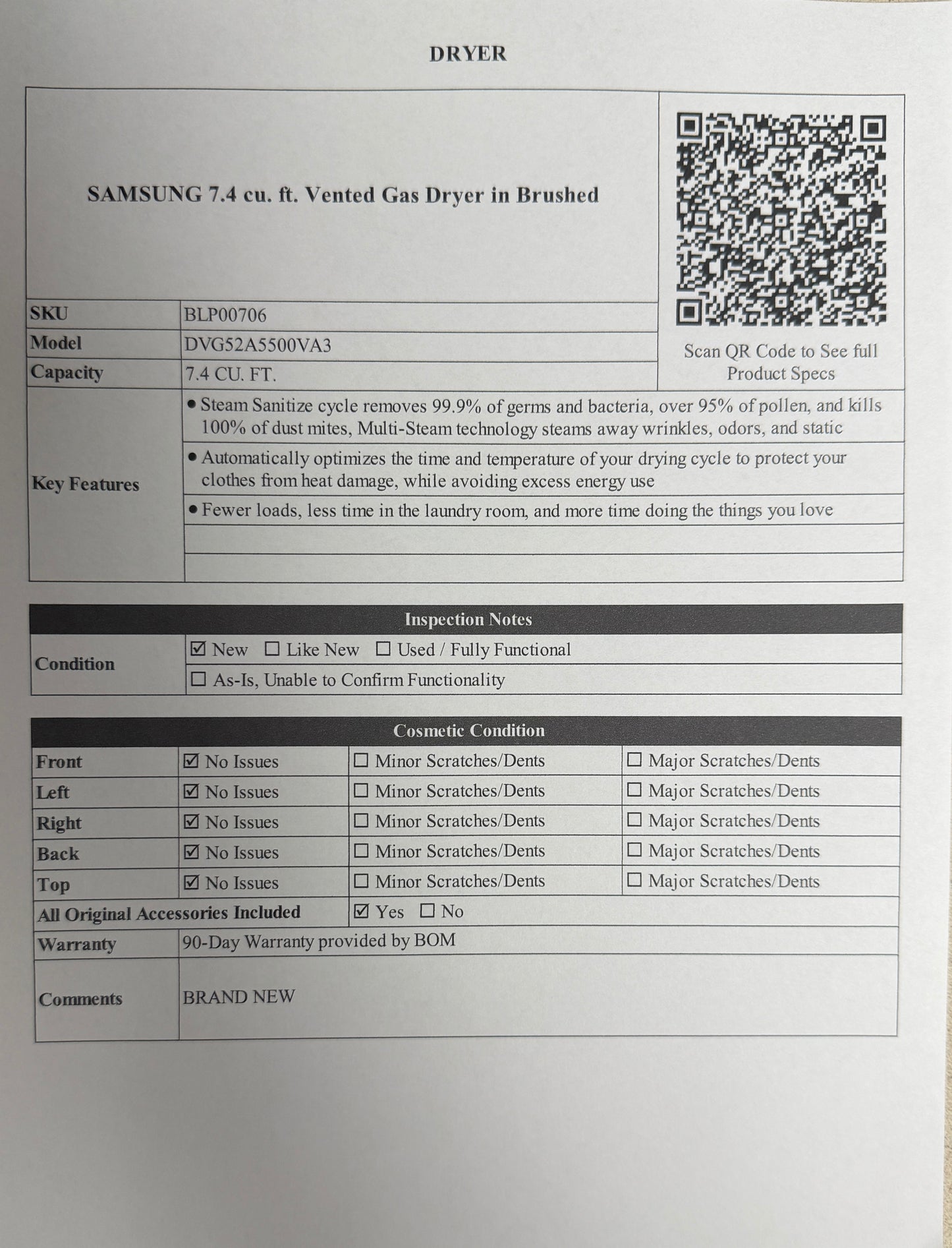 BLP00706 - SAMSUNG 7.4 cu. ft. Vented Gas Dryer in Brushed - DVG52A5500VA3