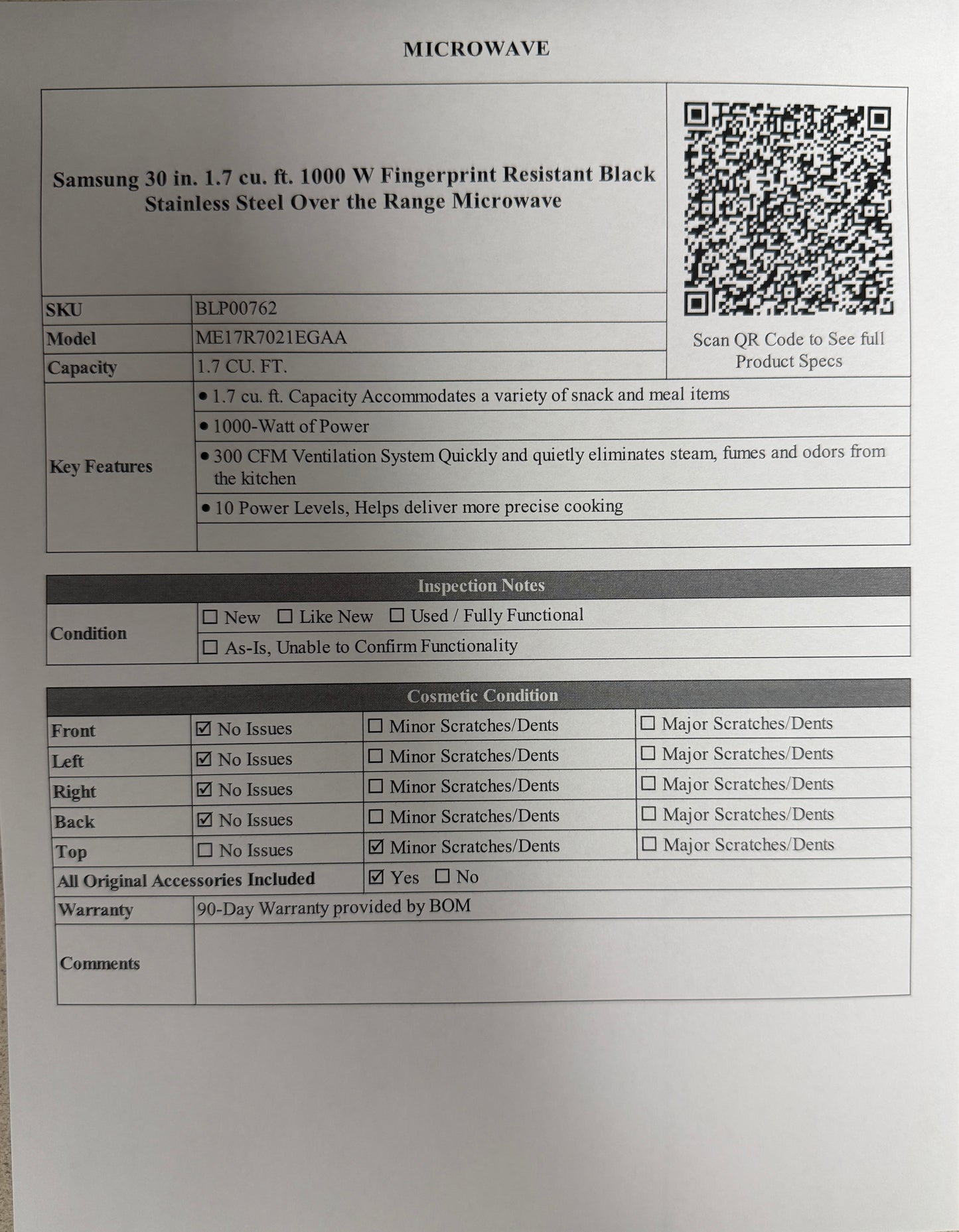 BLP00762 - Samsung 30 in. 1.7 cu. ft. 1000 W Fingerprint Resistant Black Stainless Steel Over the Range Microwave - ME17R7021EGAA