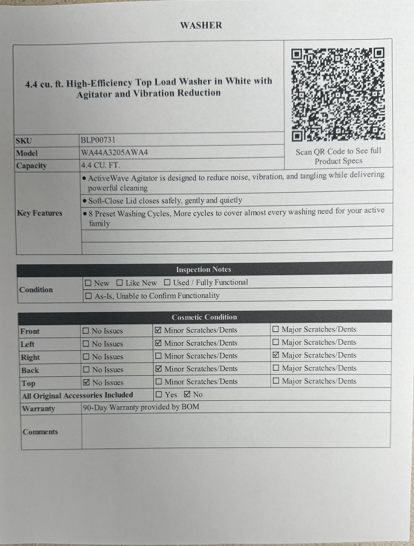 BLP00731 - Samsung 4.4 cu. ft. High-Efficiency Top Load Washer in White with Agitator and Vibration Reduction - WA44A3205AWA4