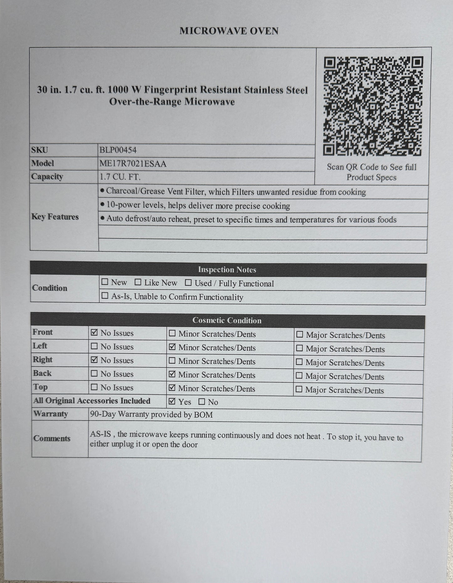 BLP00454 - Samsung - 30 in. 1.7 cu. ft. 1000 W Fingerprint Resistant Stainless Steel Over-the-Range Microwave - ME17R7021ESAA - AS-IS