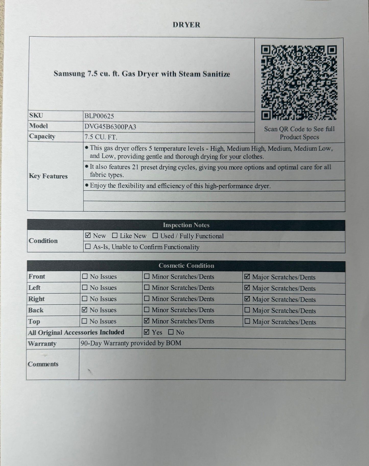 BLP00625 - Samsung 7.5 cu. ft. Gas Dryer with Steam Sanitize - DVG45B6300PA3