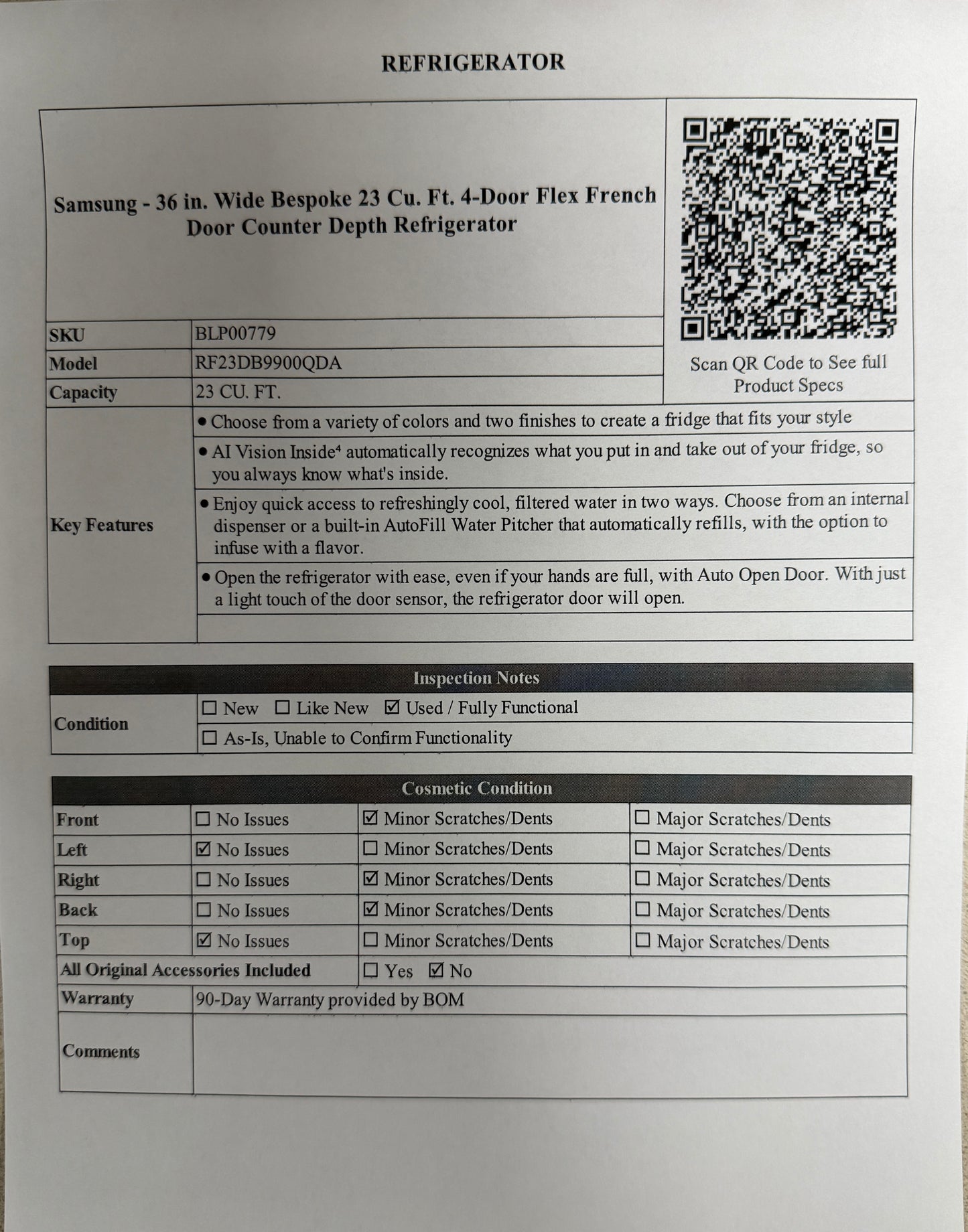 BLP00779 - Samsung - 36 in. Wide Bespoke 23 Cu. Ft. 4-Door Flex French Door Counter Depth Refrigerator - RF23DB9900QDA
