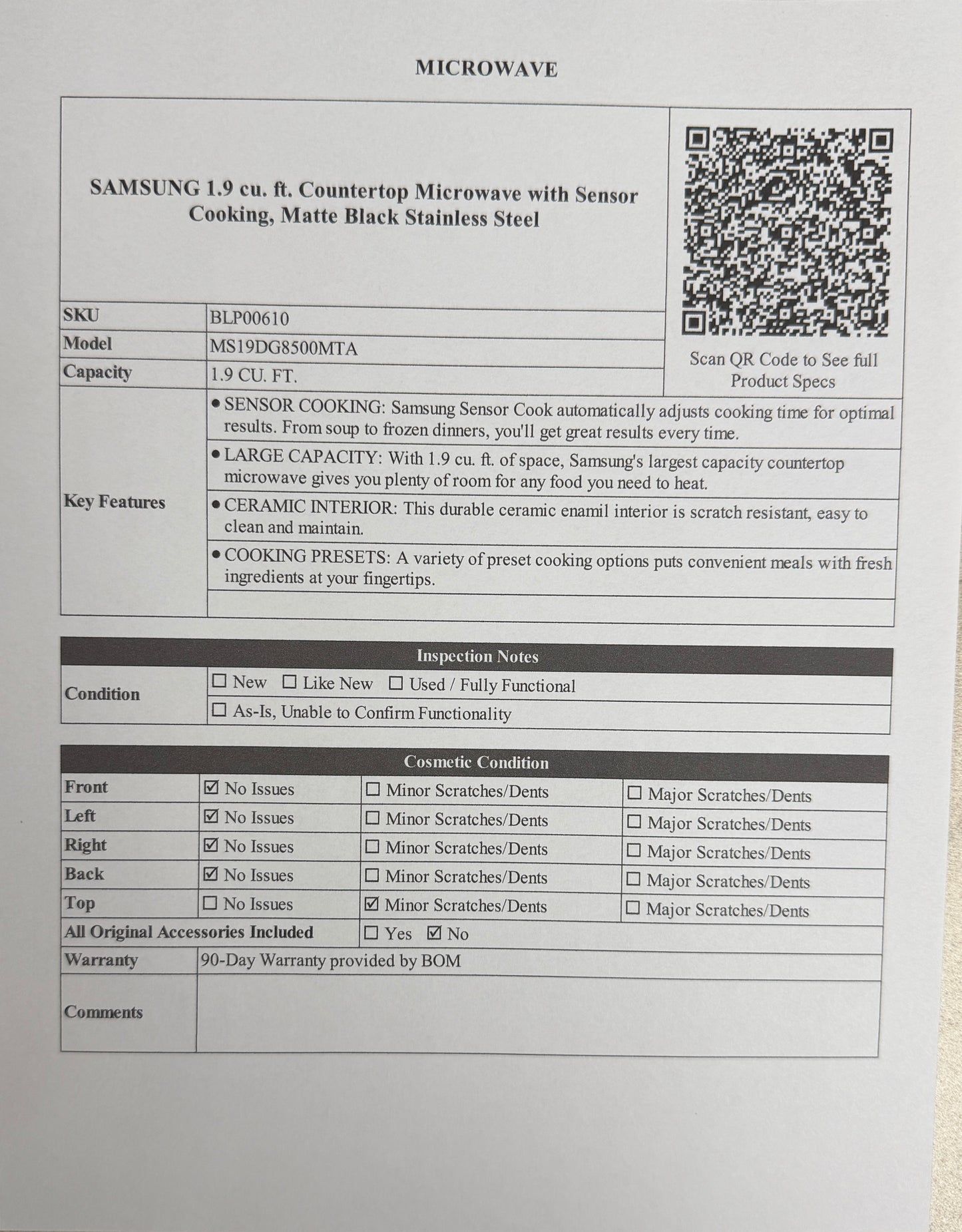 BLP00610 - SAMSUNG 1.9 cu. ft. Countertop Microwave with Sensor Cooking, Matte Black Stainless Steel -MS19DG8500MTA