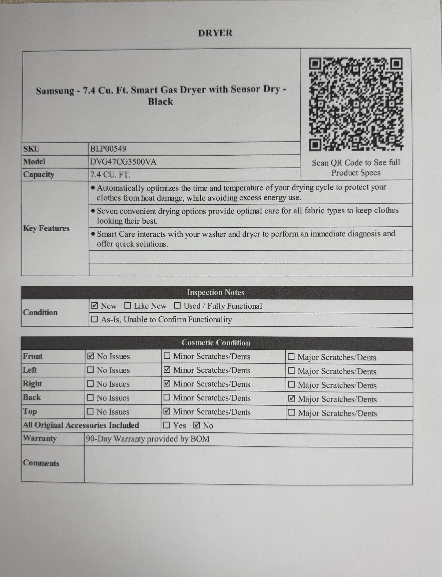 BLP00549 - Samsung - 7.4 Cu. Ft. Smart Gas Dryer with Sensor Dry - Black - DVG47CG3500VA