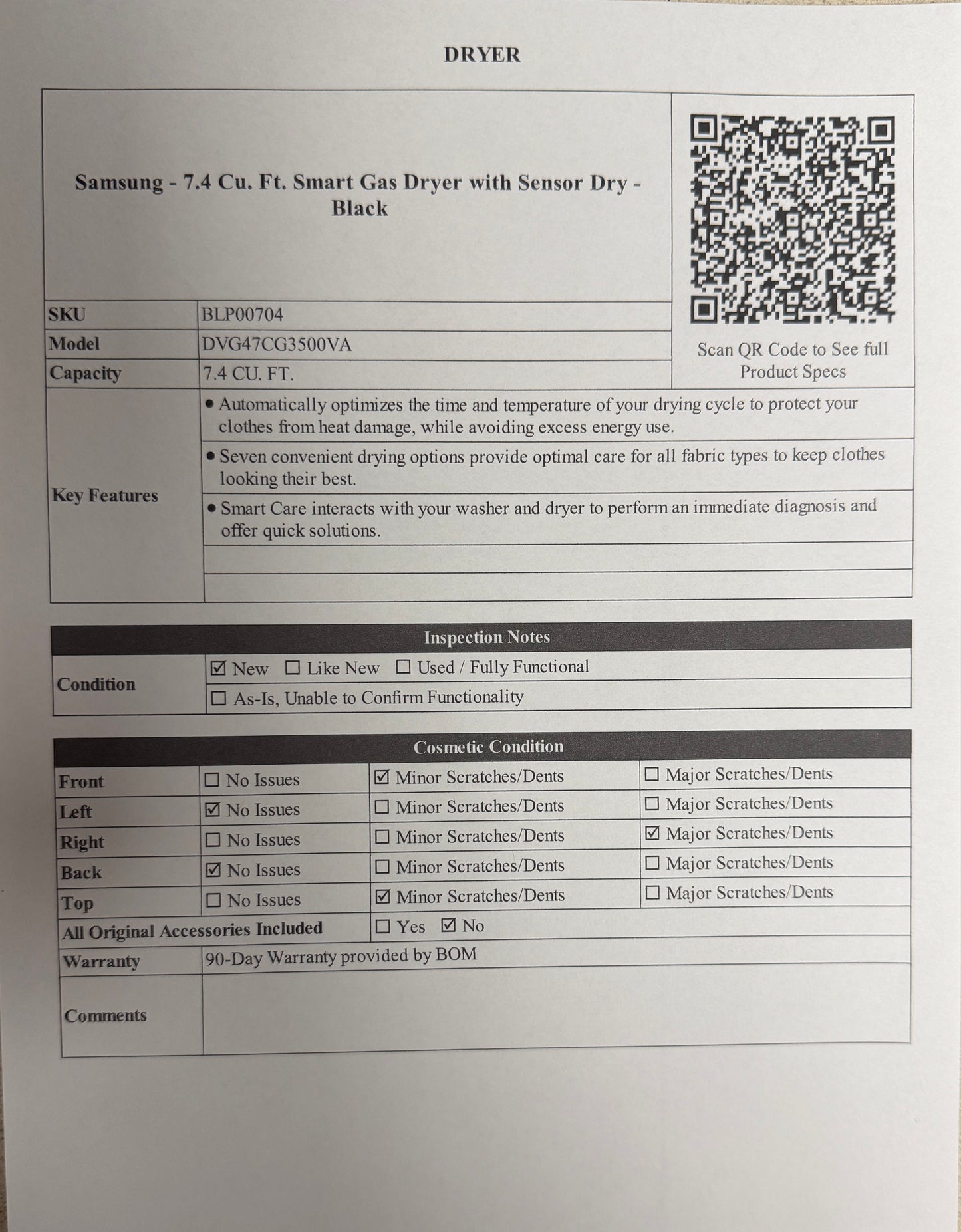 BLP00704 - Samsung - 7.4 Cu. Ft. Smart Gas Dryer with Sensor Dry - Black - DVG47CG3500VA