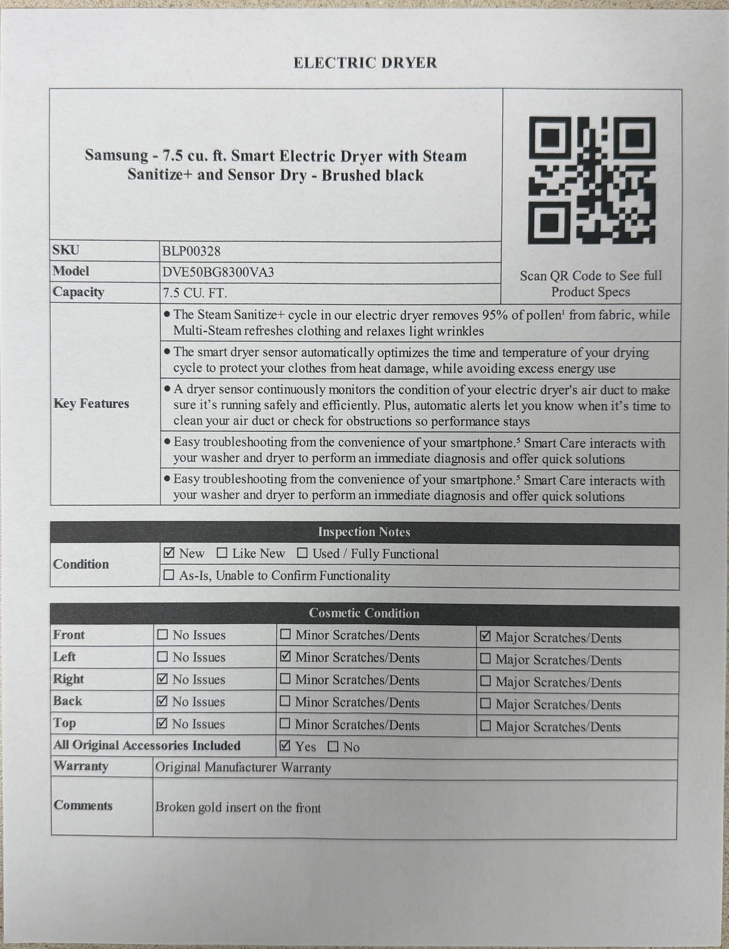 BLP00328 - Samsung - 7.5 cu. ft. Smart Electric Dryer with Steam Sanitize+ and Sensor Dry - Brushed black