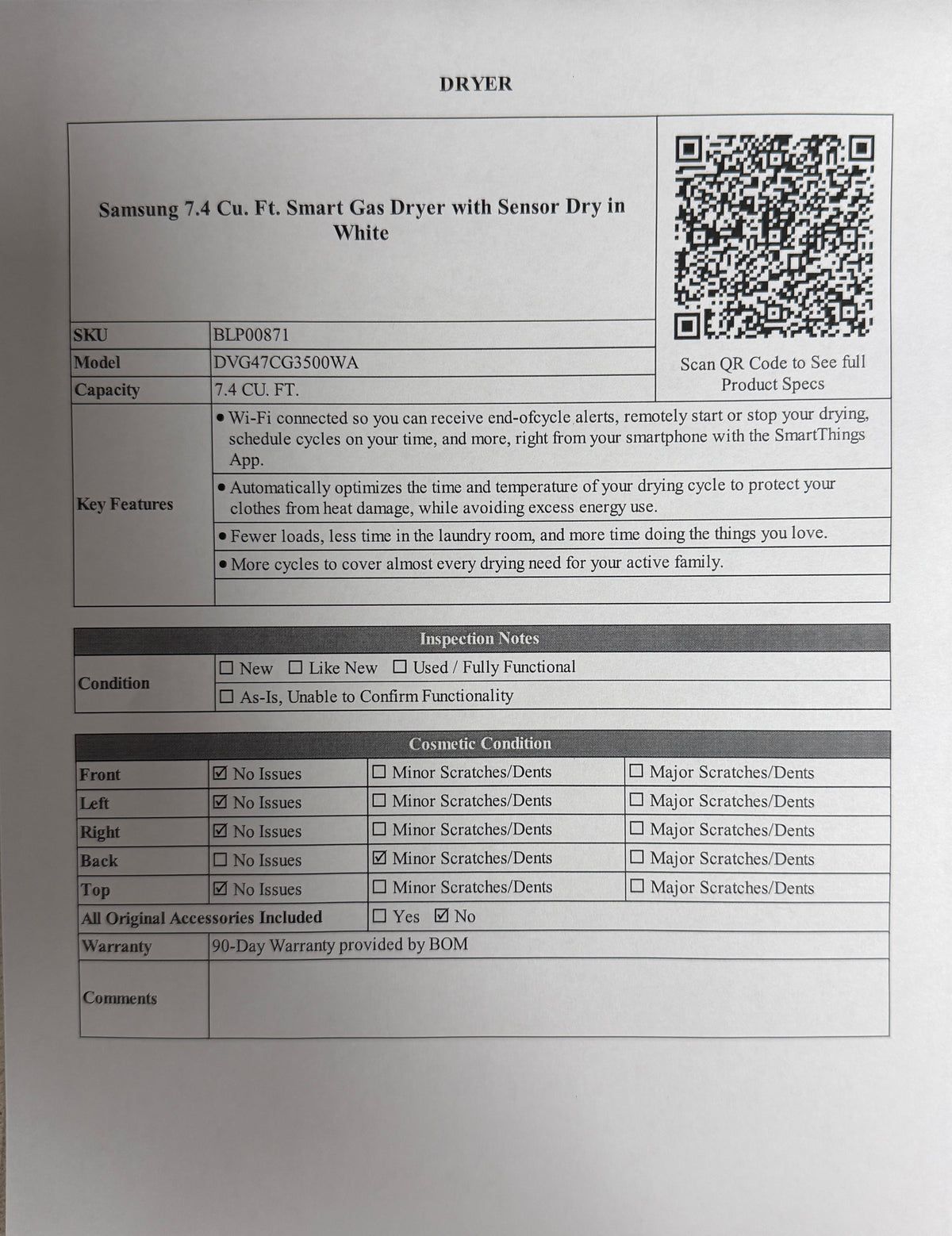 BLP00871 - Samsung 7.4 Cu. Ft. Smart Gas Dryer with Sensor Dry in White - DVG47CG3500WA