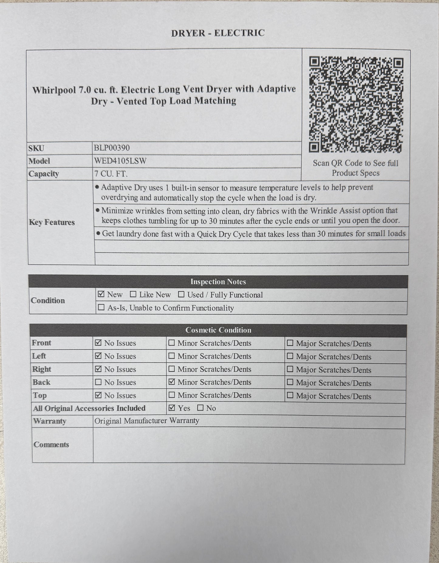 BLP00390 - Whirlpool 7.0 cu. ft. Electric Long Vent Dryer with Adaptive Dry - Vented Top Load Matching