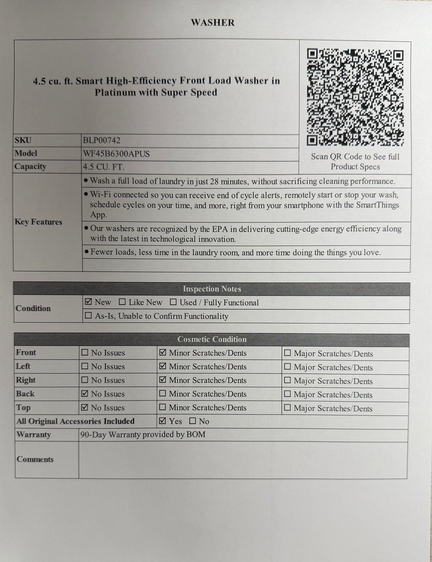 BLP00742 - Samsung 4.5 cu. ft. Smart High-Efficiency Front Load Washer in Platinum with Super Speed - WF45B6300APUS