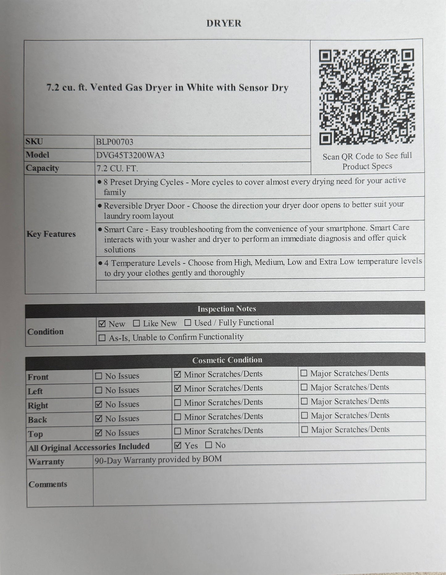 BLP00703 - Samsung 7.2 cu. ft. Vented Gas Dryer in White with Sensor Dry - DVG45T3200WA3