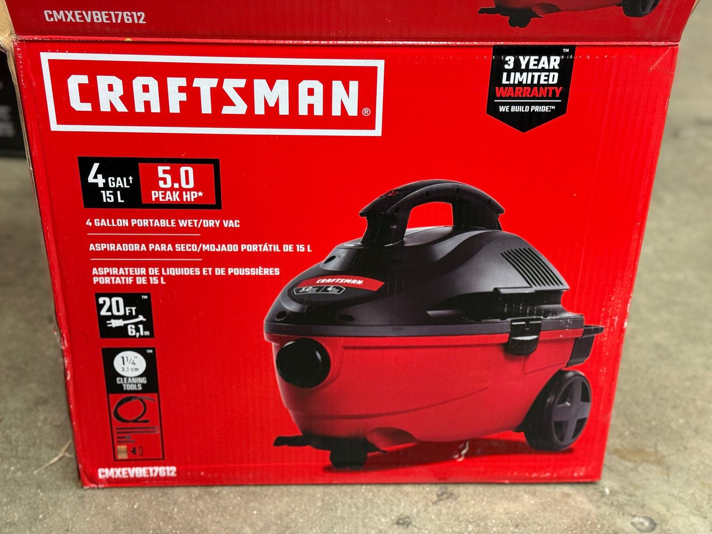 AC250066 CRAFTSMAN CMXEVBE17612 4 Gallon 5.0 Peak HP Wet/Dry Vac, Portable Shop Vacuum with Attachments