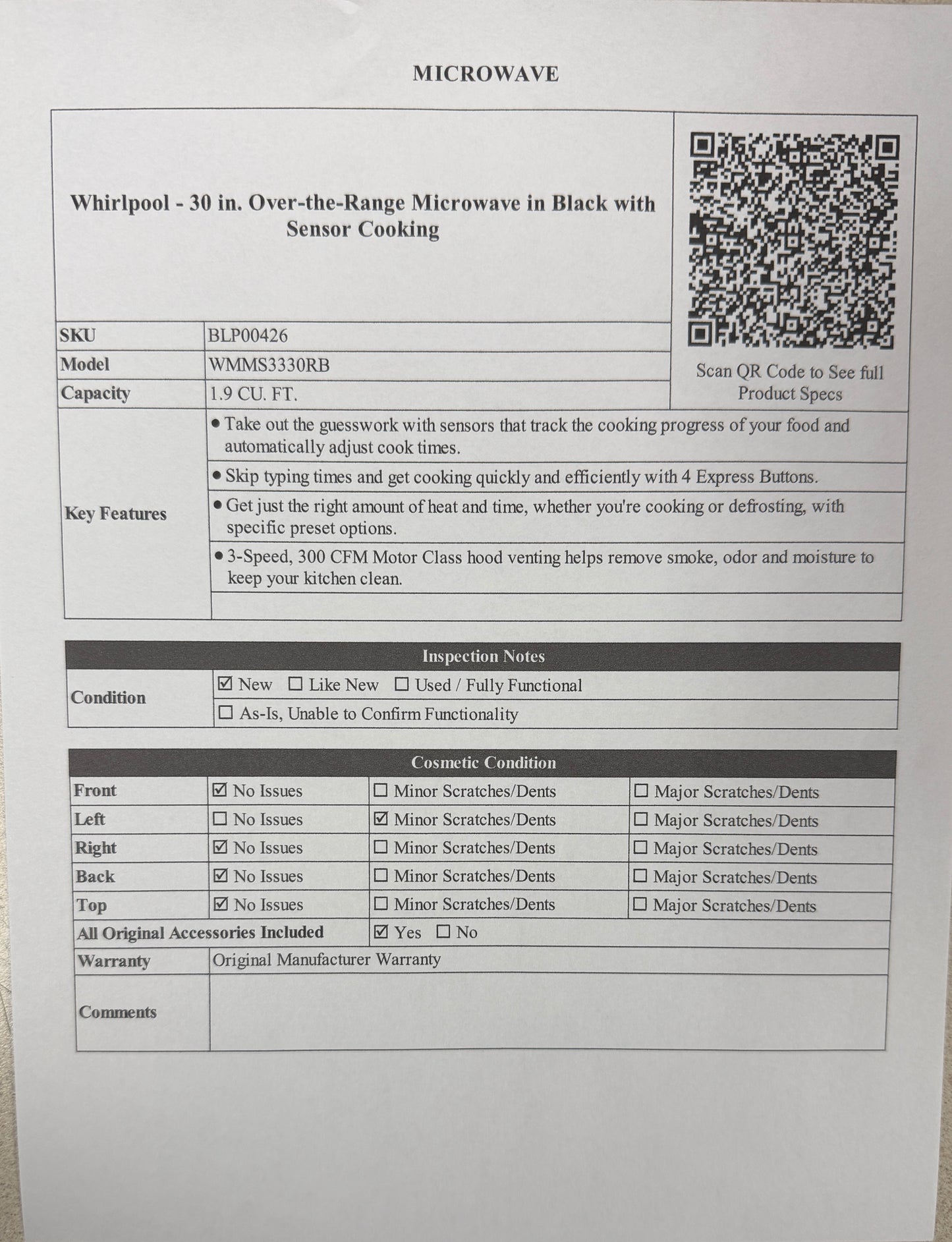 BLP00426 - Whirlpool - 30 in. Over-the-Range Microwave in Black with Sensor Cooking