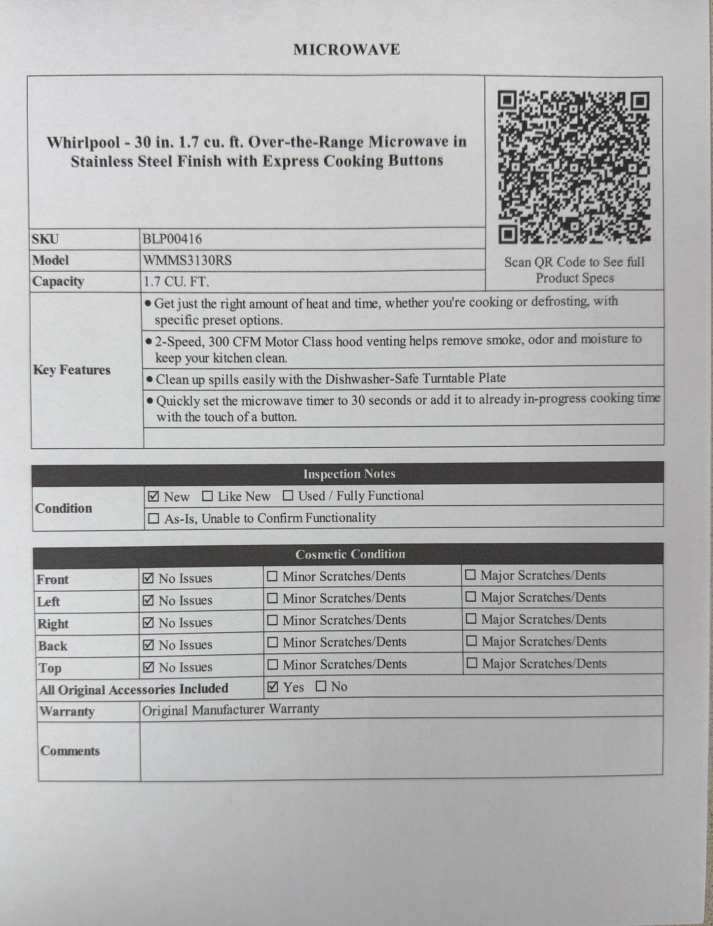 BLP00416 - Whirlpool - 30 in. 1.7 cu. ft. Over-the-Range Microwave in Stainless Steel Finish with Express Cooking Buttons