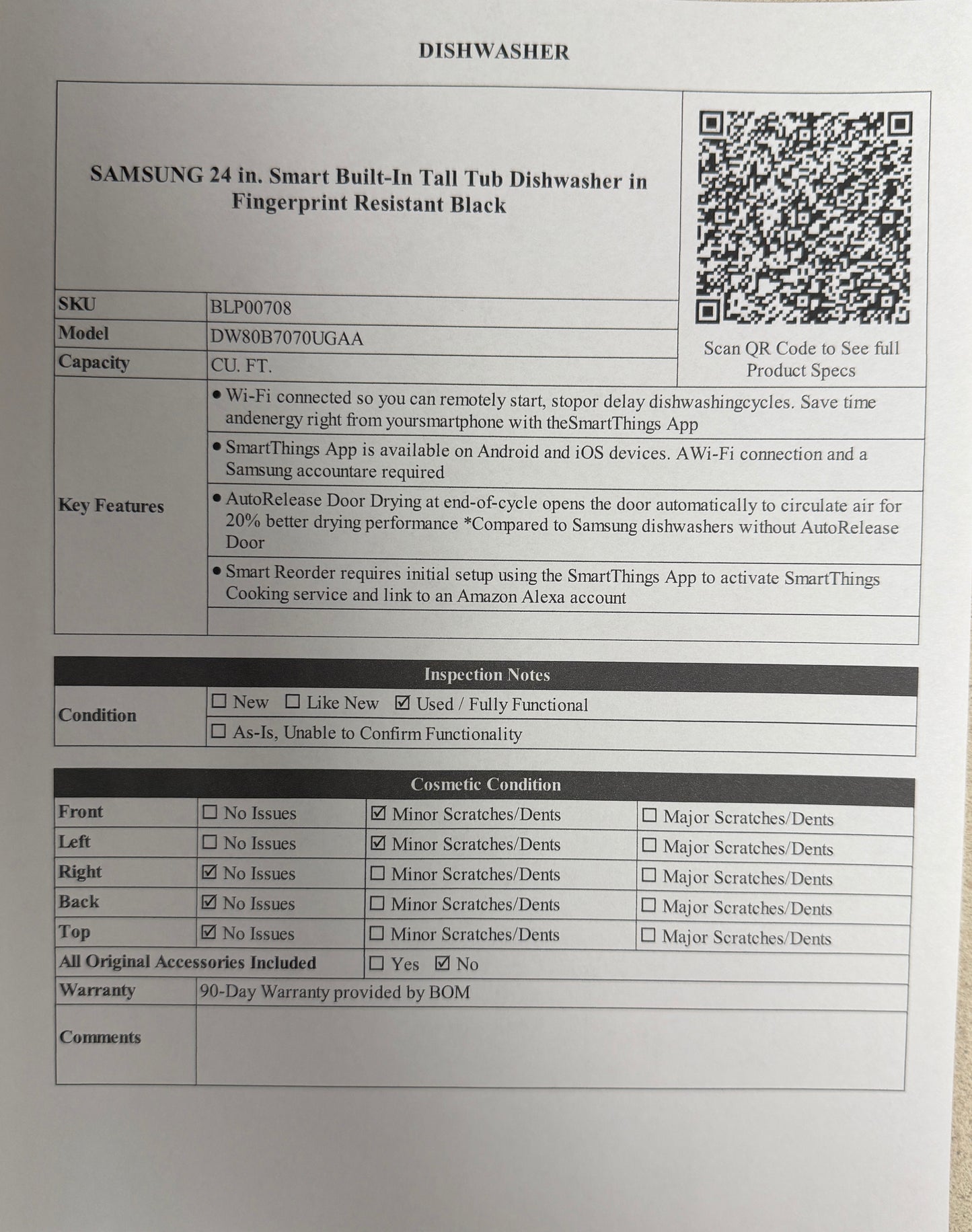 BLP00708 - SAMSUNG 24 in. Smart Built-In Tall Tub Dishwasher in Fingerprint Resistant Black - DW80B7070UGAA