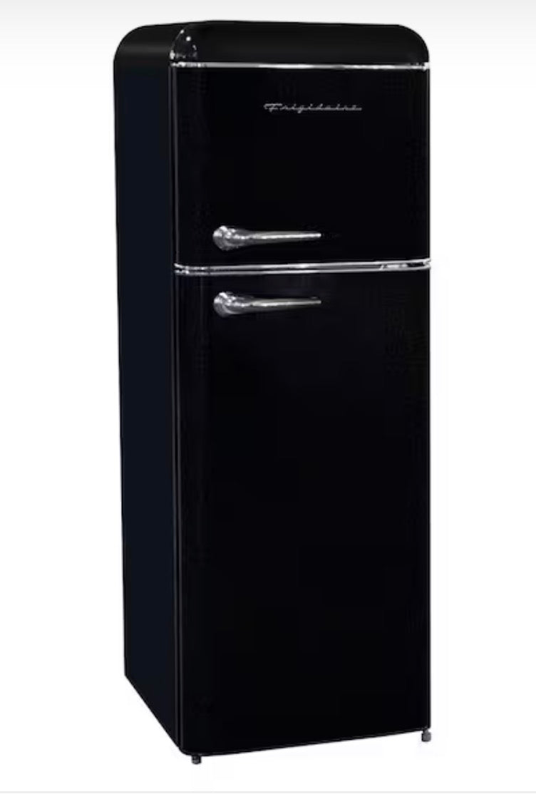 AC260304 Frigidaire 7.5 cu. ft. Mini Fridge in Black with Rounded Corners and Top Freezer - EFR756 (major dent)