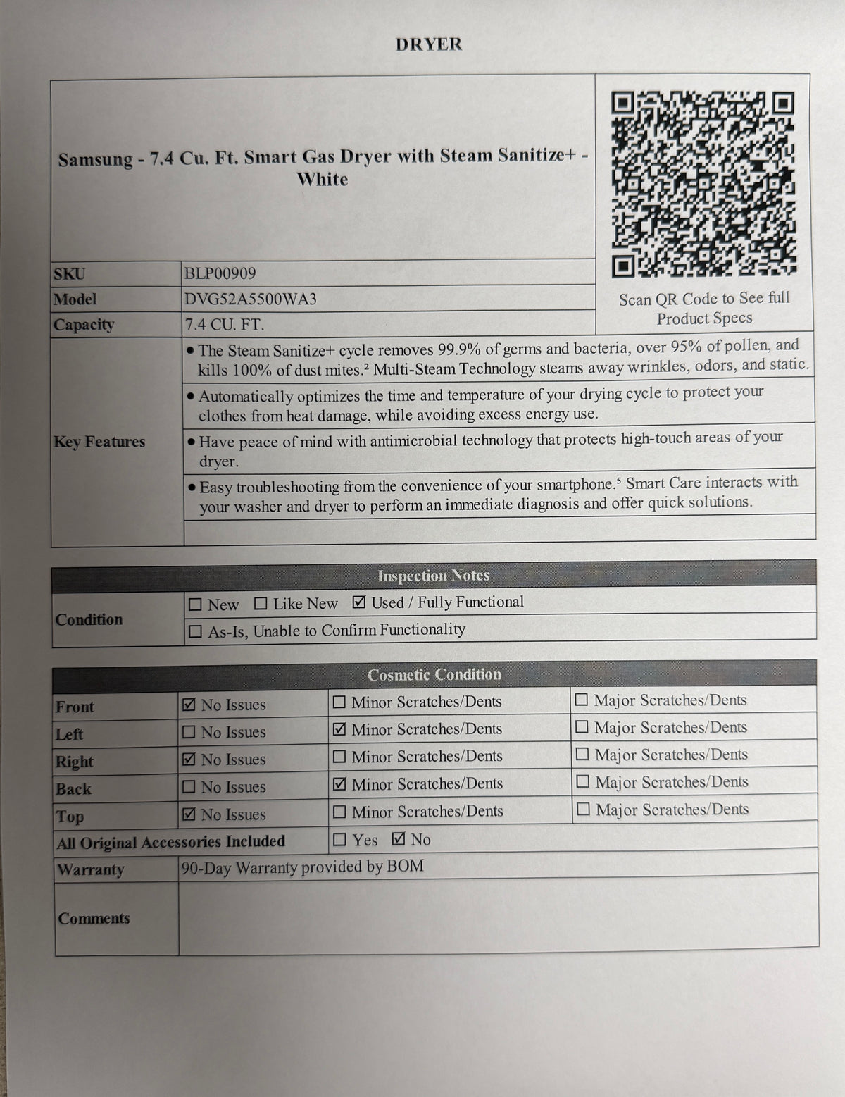 BLP00909 - Samsung - 7.4 Cu. Ft. Smart Gas Dryer with Steam Sanitize+ - White -DVG52A5500WA3
